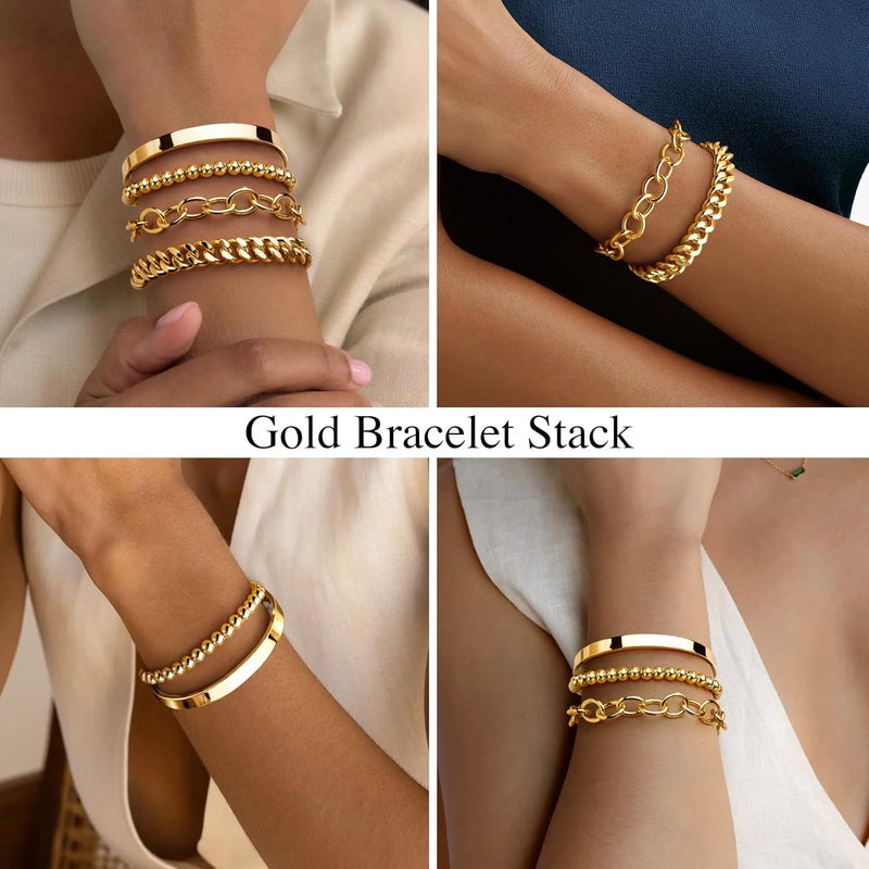 Poxtex Gold Bracelets Set for Women Stack, Dainty Thick Bracelets Stack for Women Trendy, Simple Thin Gold Plated Cuff Stackable Bracelets With Beaded Cuban Paperclip Snake Rope Bangle Hand Chain Jewelry Gifts for Women Non Tainish - Image 4